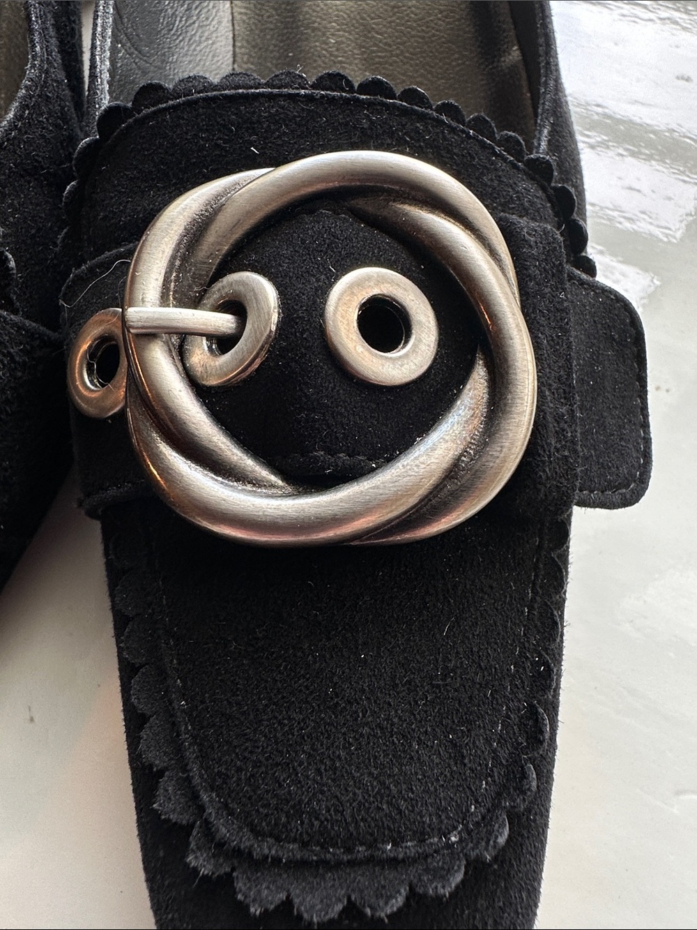 Stuart Weitzman Black Suede Loafers with Silver Buckle - Picture 2 of 7
